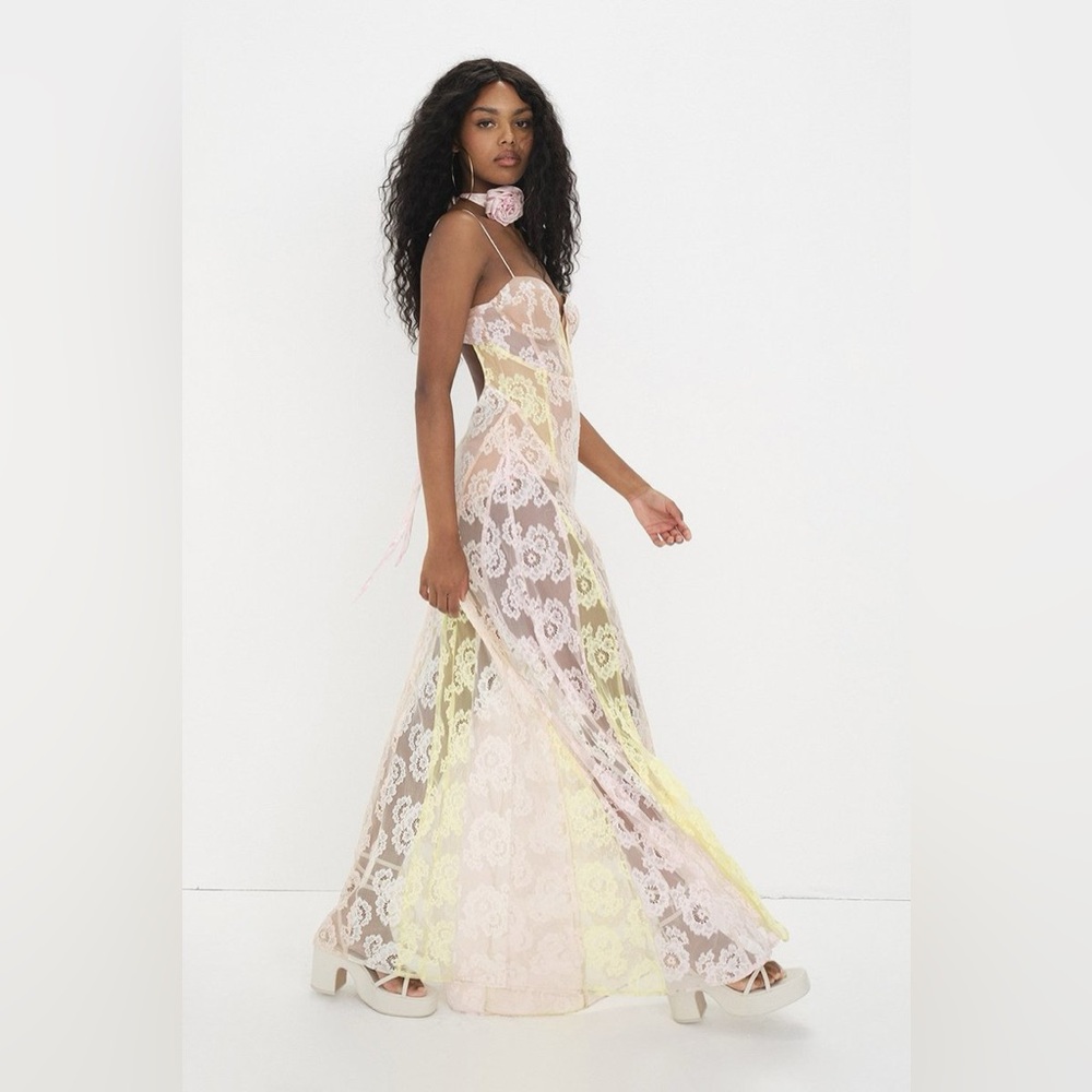 For Love & Lemons Blossom Maxi Dress LACE Multicolor Pastel NWT Size L